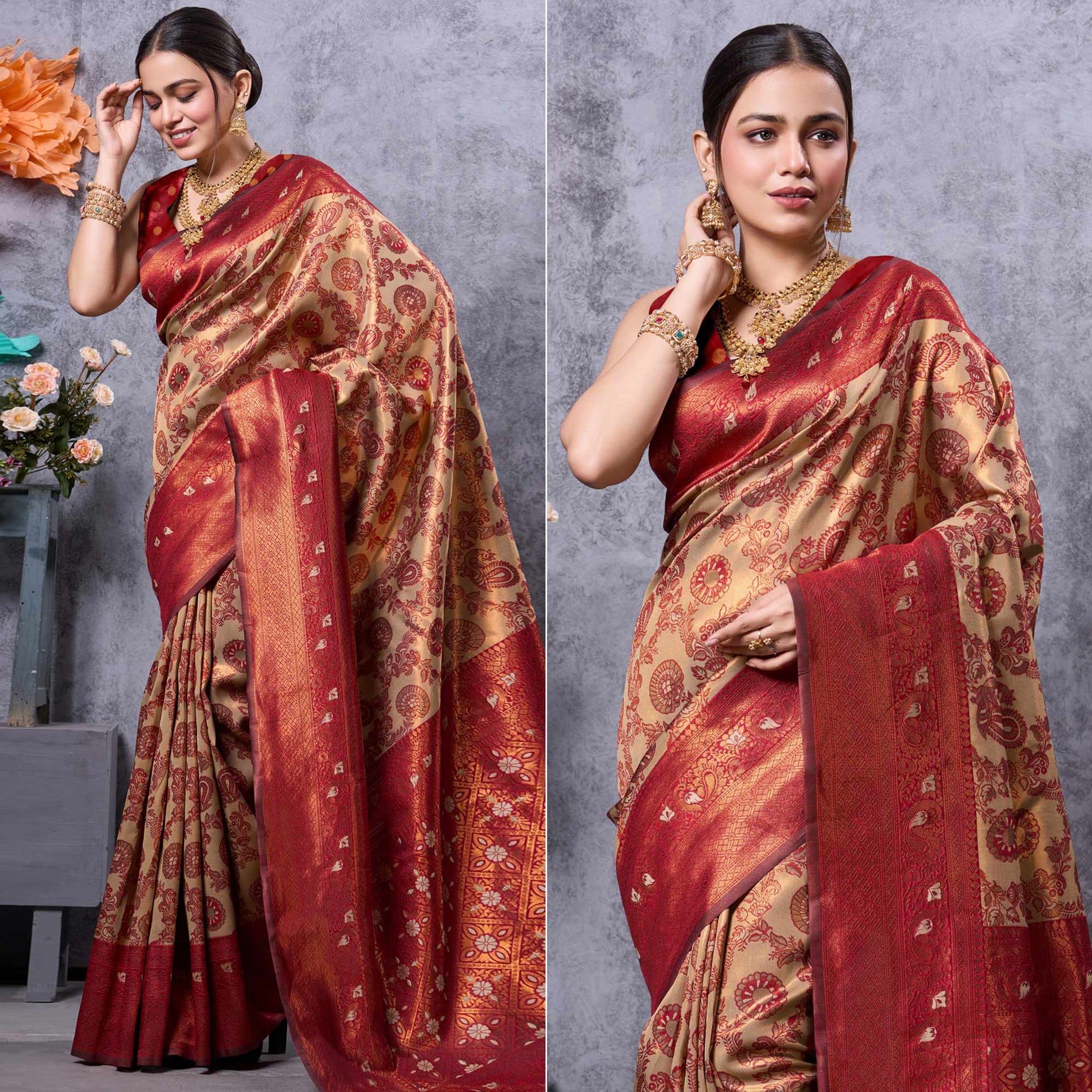 Cream Woven Kanjivaram Silk Saree