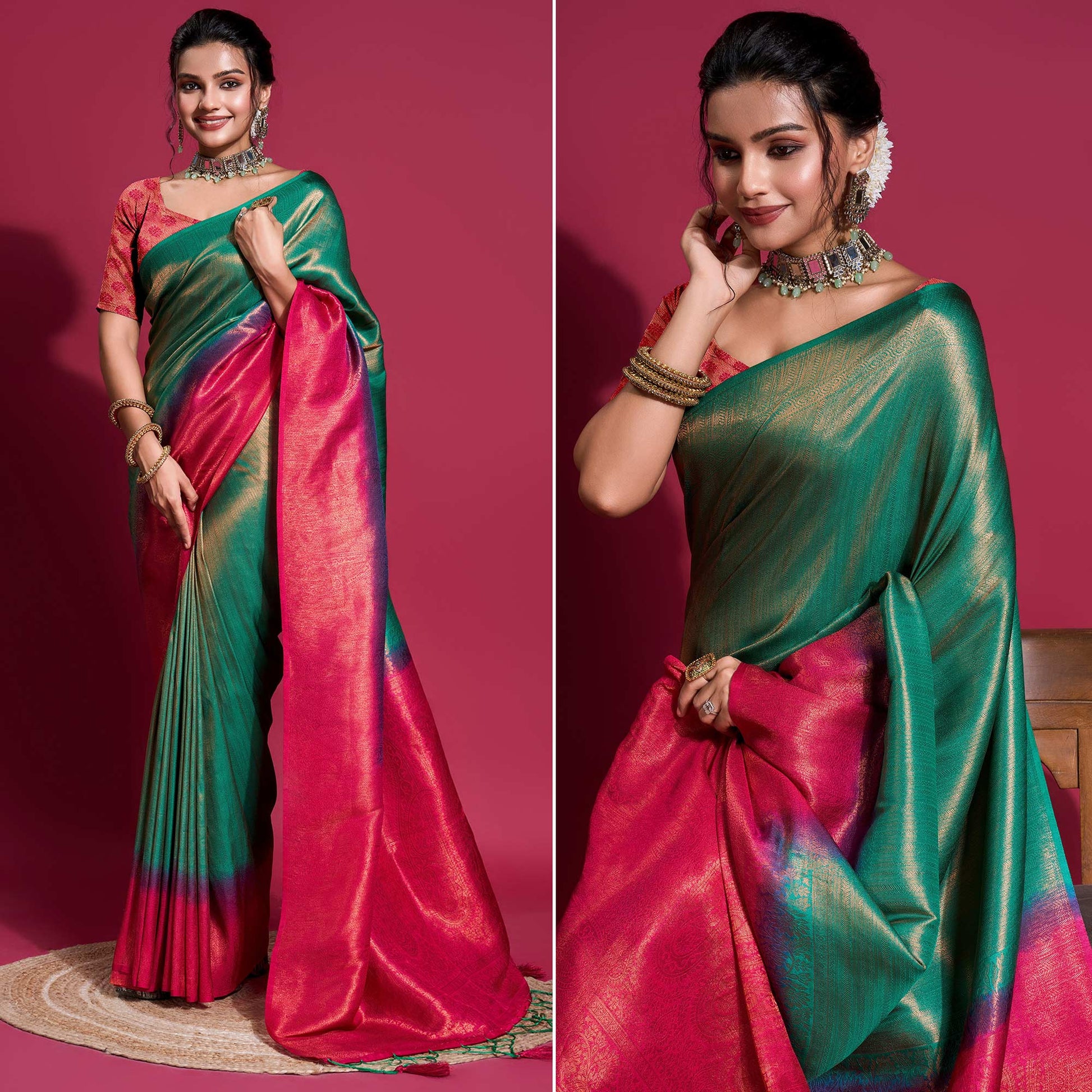 green-pink-woven-kanjivaram-silk-saree-with-tassels