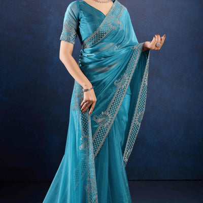 Blue Zarkan Diamond Work Tissue Silk Saree