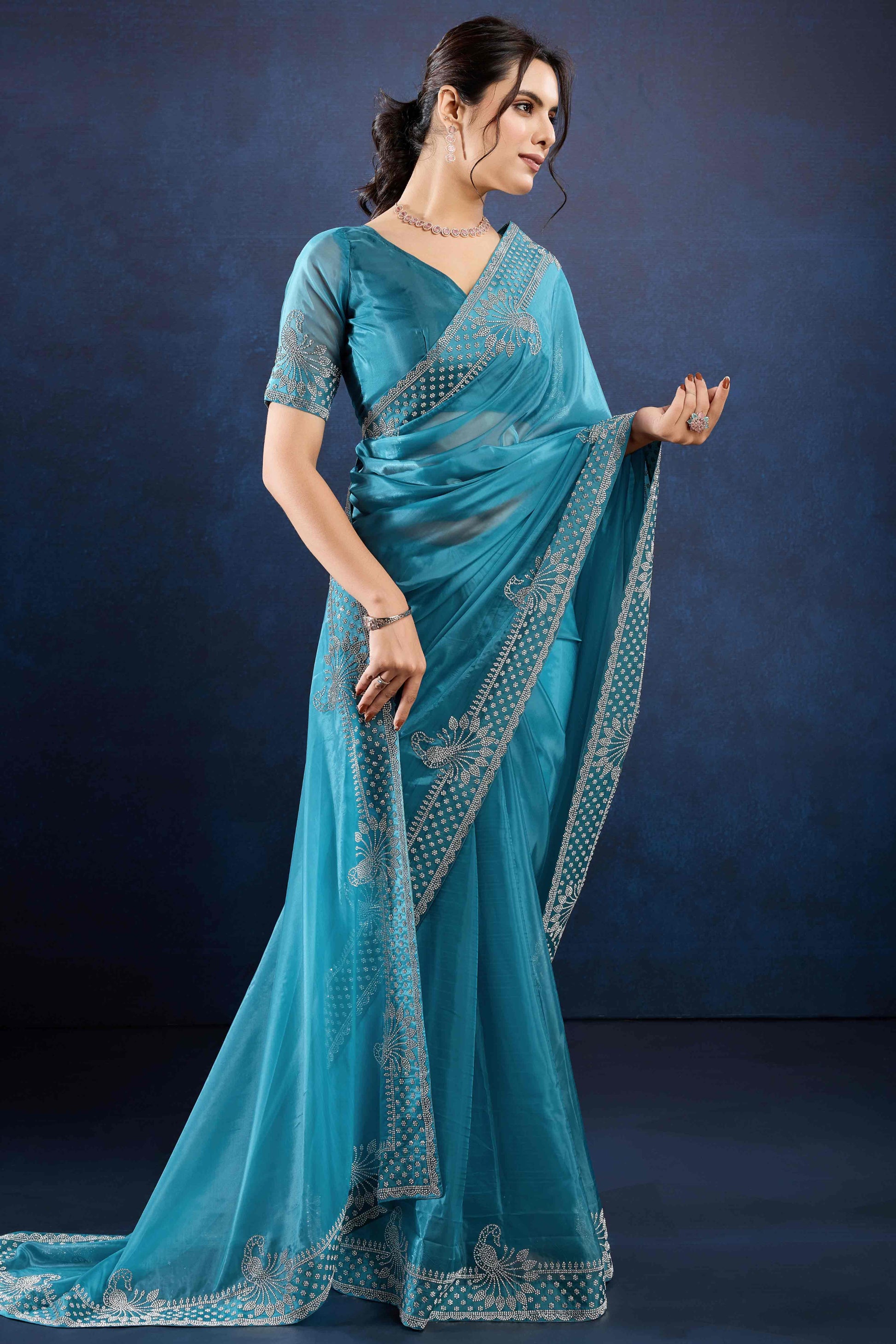 Blue Zarkan Diamond Work Tissue Silk Saree