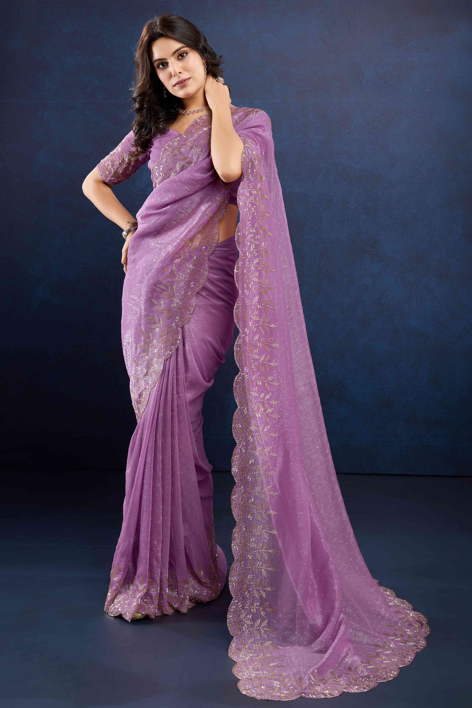 Lavender Floral Handwork Crush Silk Fancy Fabric Saree