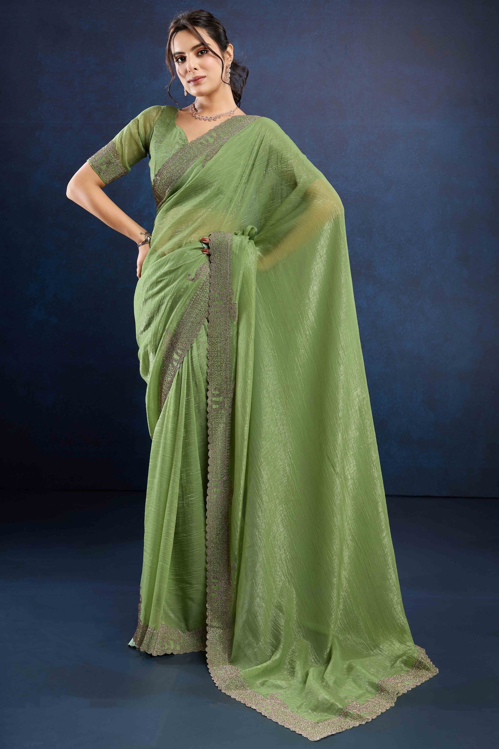 green-zarkan-diamond-work-crunchy-silk-fancy-fabric-saree