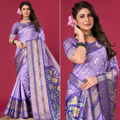 Lavender Digital Patola Printed With Woven Border Dola Silk Saree