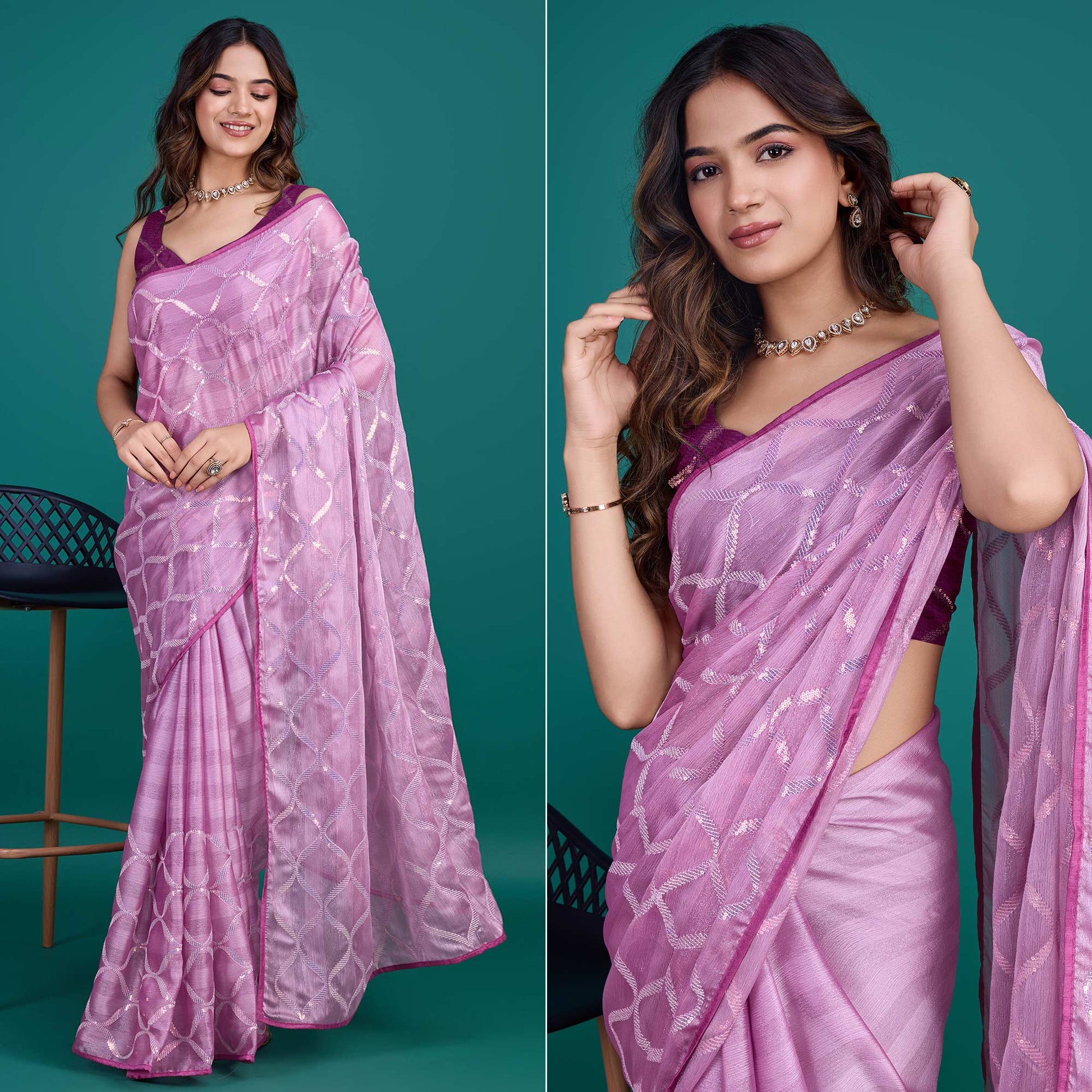 Lavender Sequins Embroidered Georgette Saree