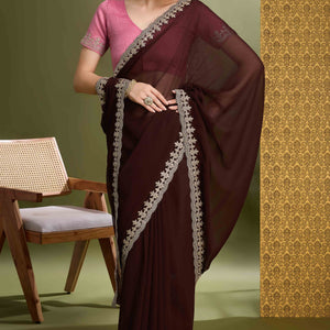 Brown Solid With Zari Embroidered Georgette Saree