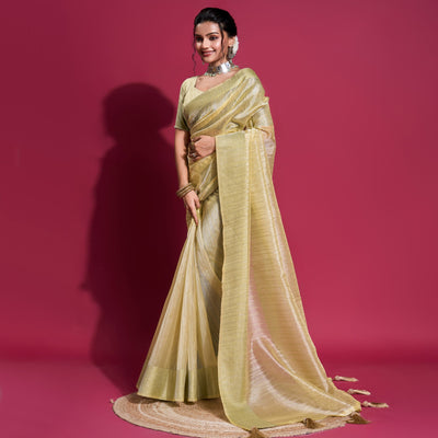 Light Yellow Woven Organza Zari Saree With Tassels