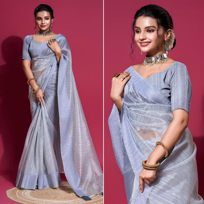 Blue Woven Organza Zari Saree With Tassels