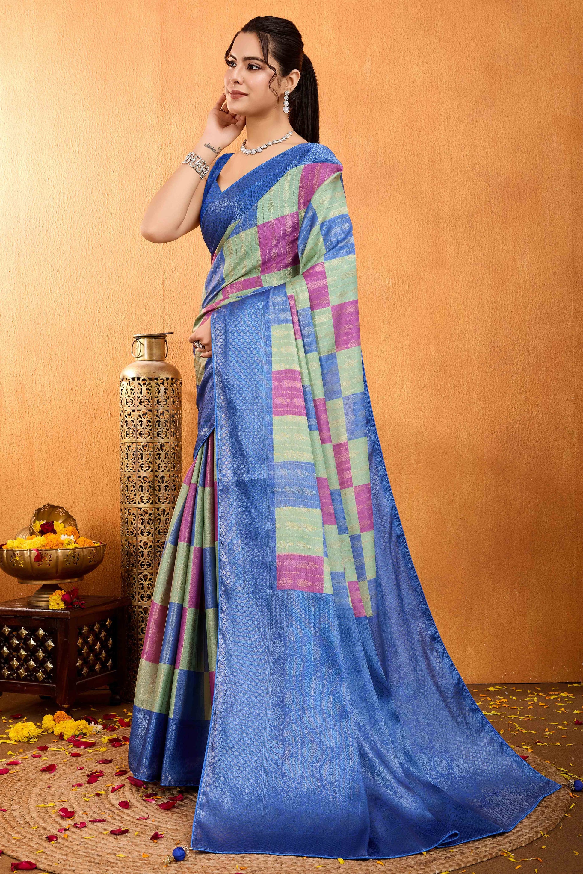 Blue Zari Weaving Mysore Brocade Silk Saree