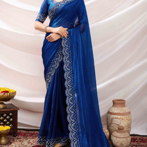 Blue Stone Work Embroidered Velvet Chiffon Saree
