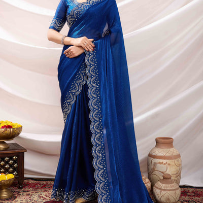Blue Stone Work Embroidered Velvet Chiffon Saree