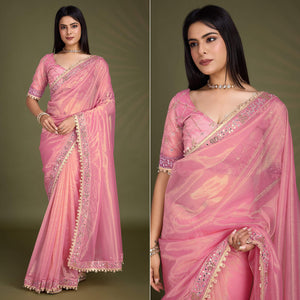 Light Pink Sequins Embroidery With Mirror Handwork Twill Net Saree