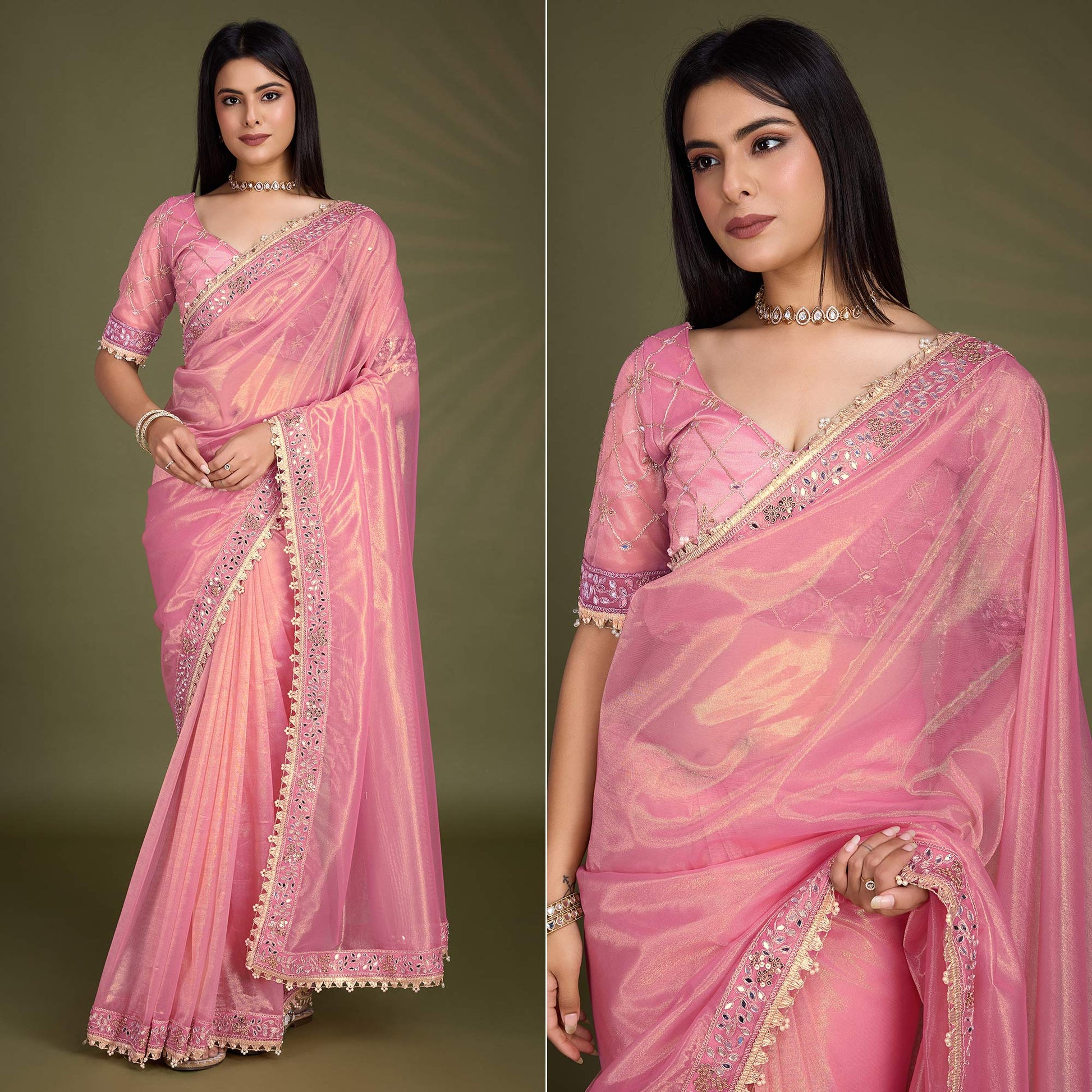 Light Pink Sequins Embroidery With Mirror Handwork Twill Net Saree