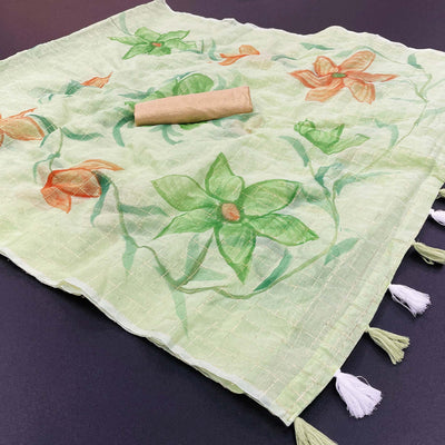 green-hand-printed-with-zari-woven-cotton-blend-saree