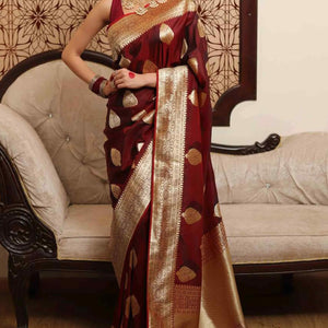 Maroon Floral Woven Lichi Banarasi Silk Saree