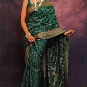 Bottle Green Floral Woven Lichi Banarasi Silk Saree