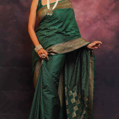 Bottle Green Floral Woven Lichi Banarasi Silk Saree