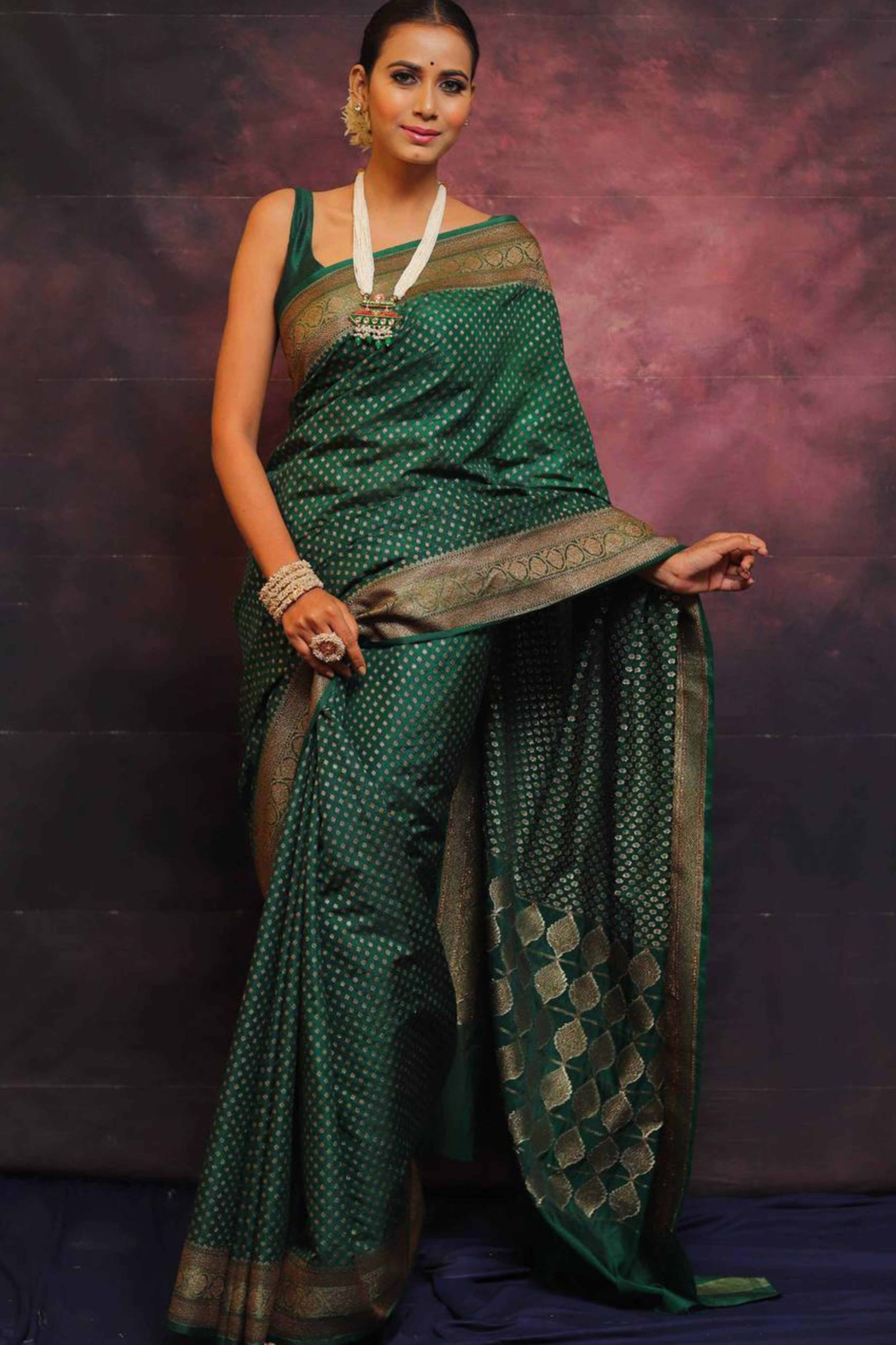 Bottle Green Floral Woven Lichi Banarasi Silk Saree