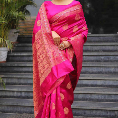 Magenta Floral Woven Banarasi Silk Saree