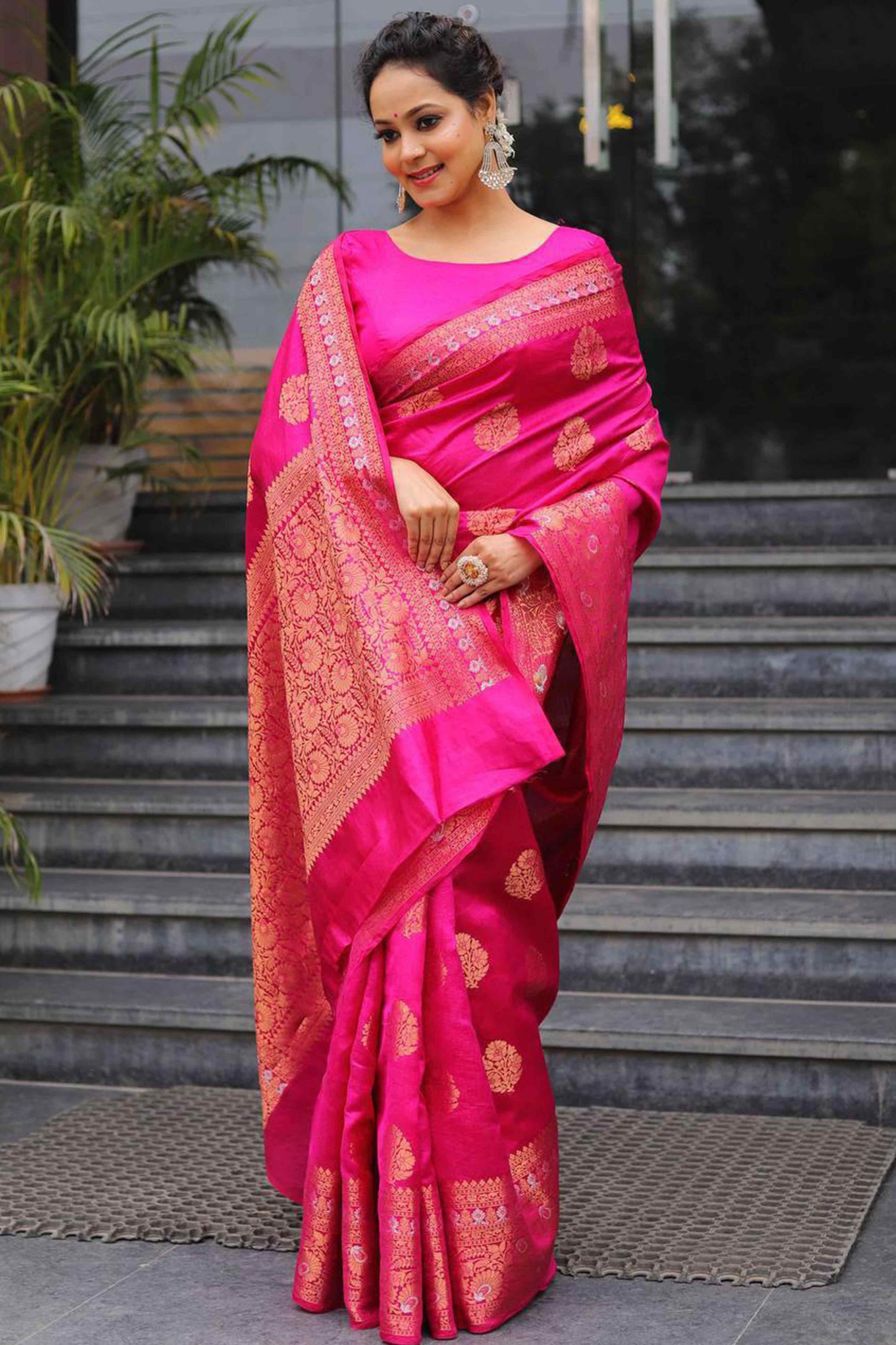Magenta Floral Woven Banarasi Silk Saree