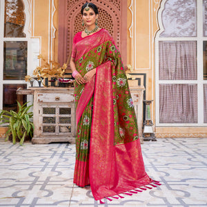 Mehendi Green Woven Art Silk Patola Saree With Tassels