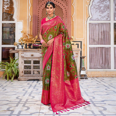 Mehendi Green Woven Art Silk Patola Saree With Tassels