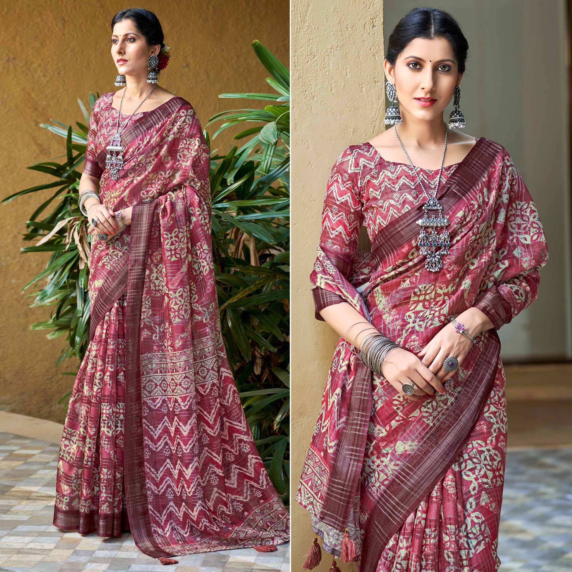 Maroon Abstract Digital Printed Linen Saree