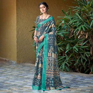 Cadet Blue Abstract Digital Printed Linen Saree