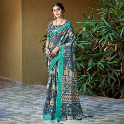 Cadet Blue Abstract Digital Printed Linen Saree