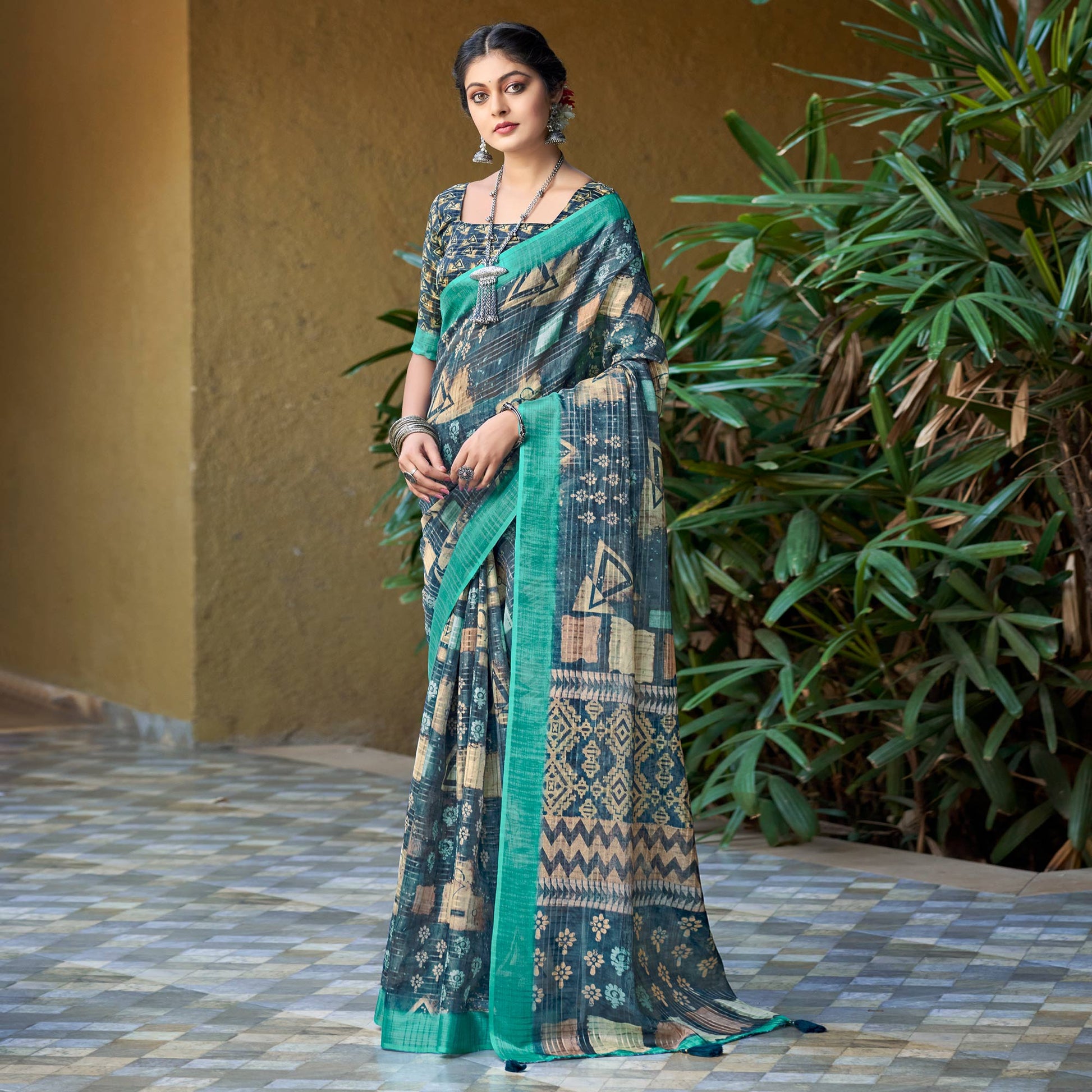Cadet Blue Abstract Digital Printed Linen Saree