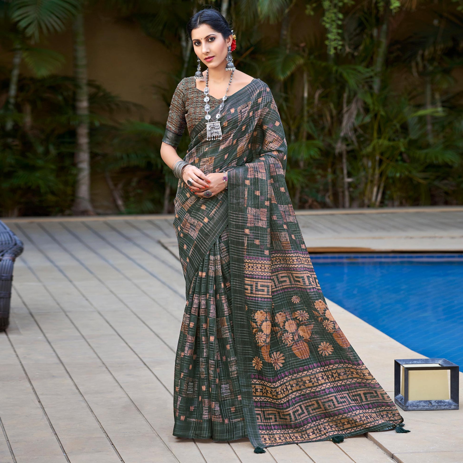 Mehandi Green Abstract Digital Printed Linen Saree