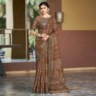 Brown Abstract Digital Printed Linen Saree