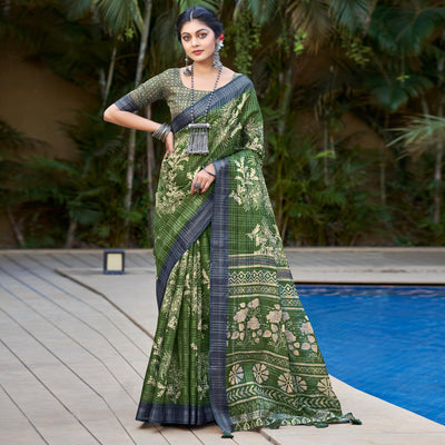 green-abstract-digital-printed-linen-saree