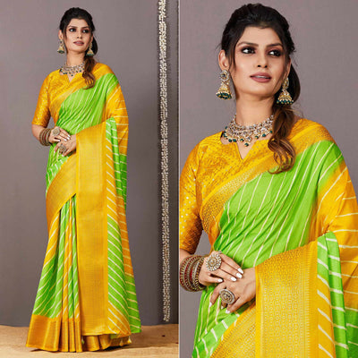 green-yellow-printed-dola-silk-saree-with-zari-border