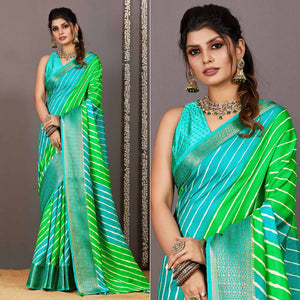 green-blue-printed-dola-silk-saree-with-zari-border