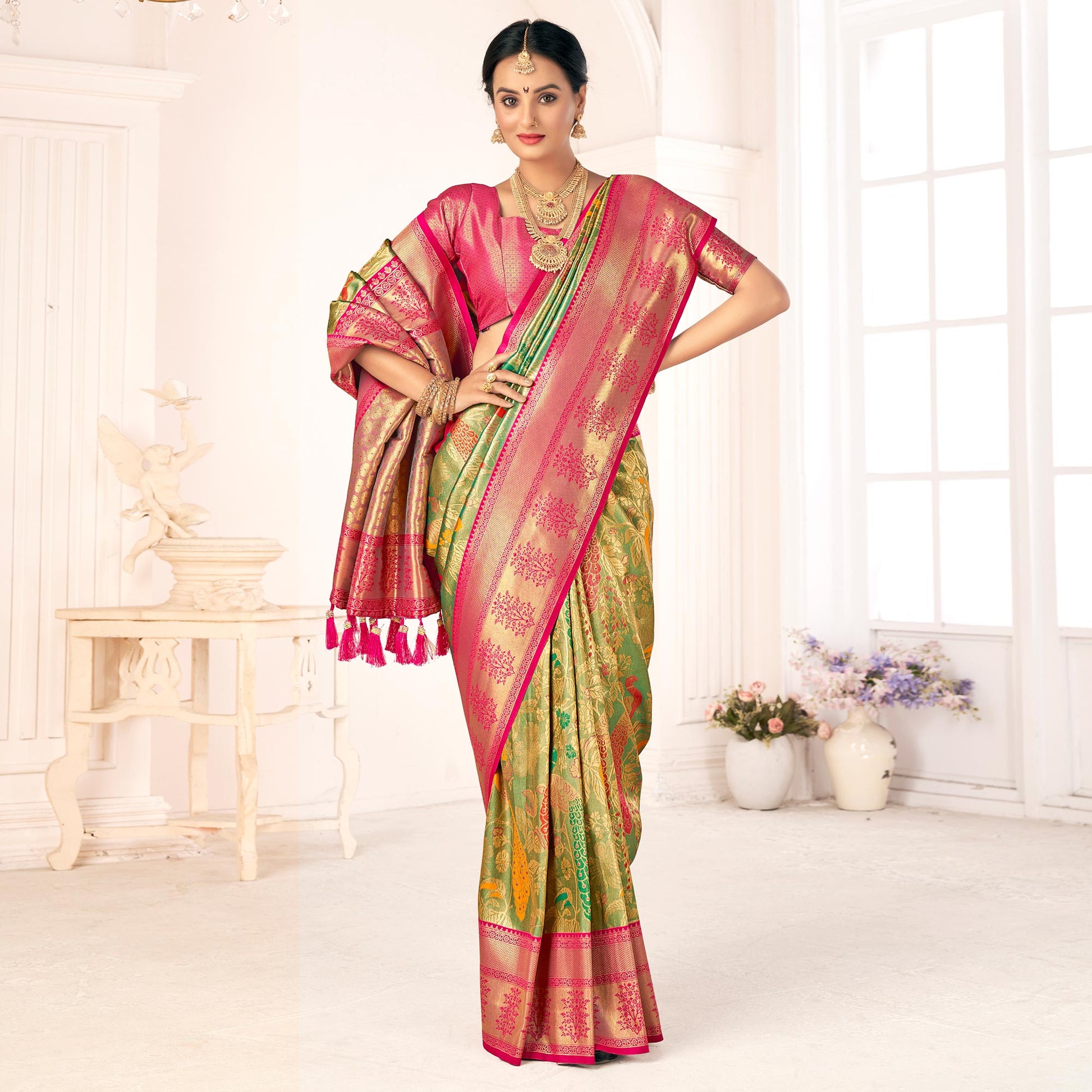 green-woven-pure-silk-saree-with-tassels-2