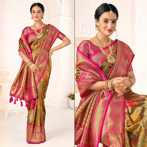 Brown Woven Pure Silk Saree With Tassels
