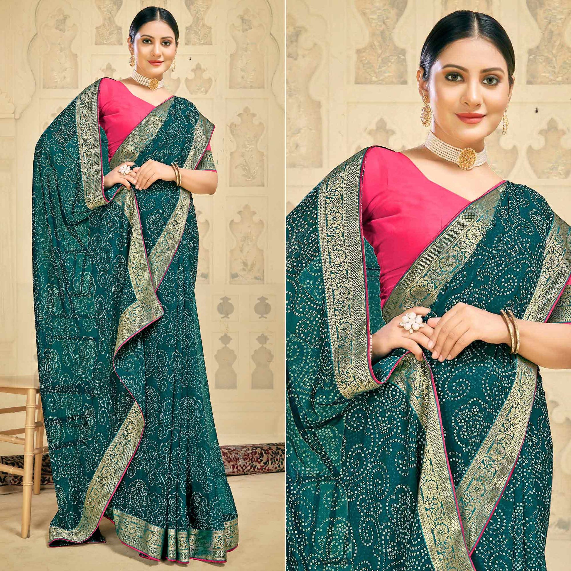 green-bandhani-printed-georgette-saree-2