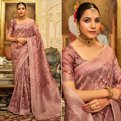 Mauve Floral Digital Printed Tissue Saree With Tassels