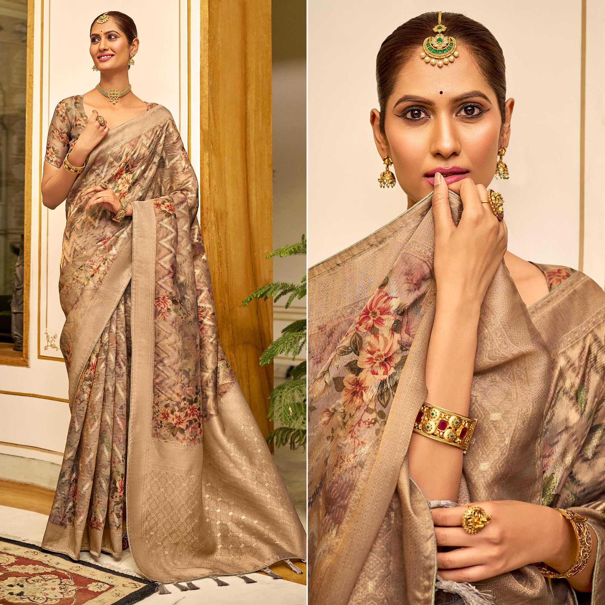 Brown Floral Digital Printed Tissue Saree With Tassels