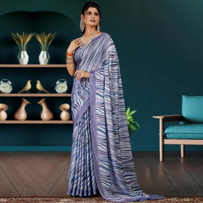 Light Purple Digital Printed Satin Saree