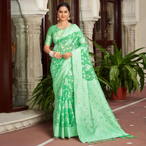 green-woven-cotton-silk-saree-with-tassels-13
