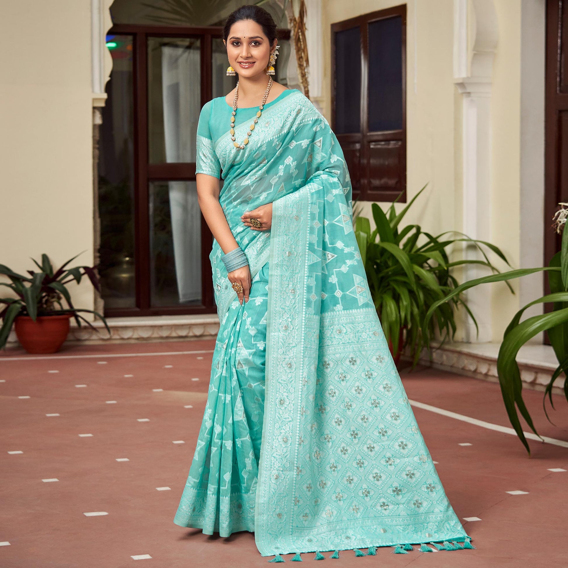 Blue Woven Cotton Silk Saree With Tassels