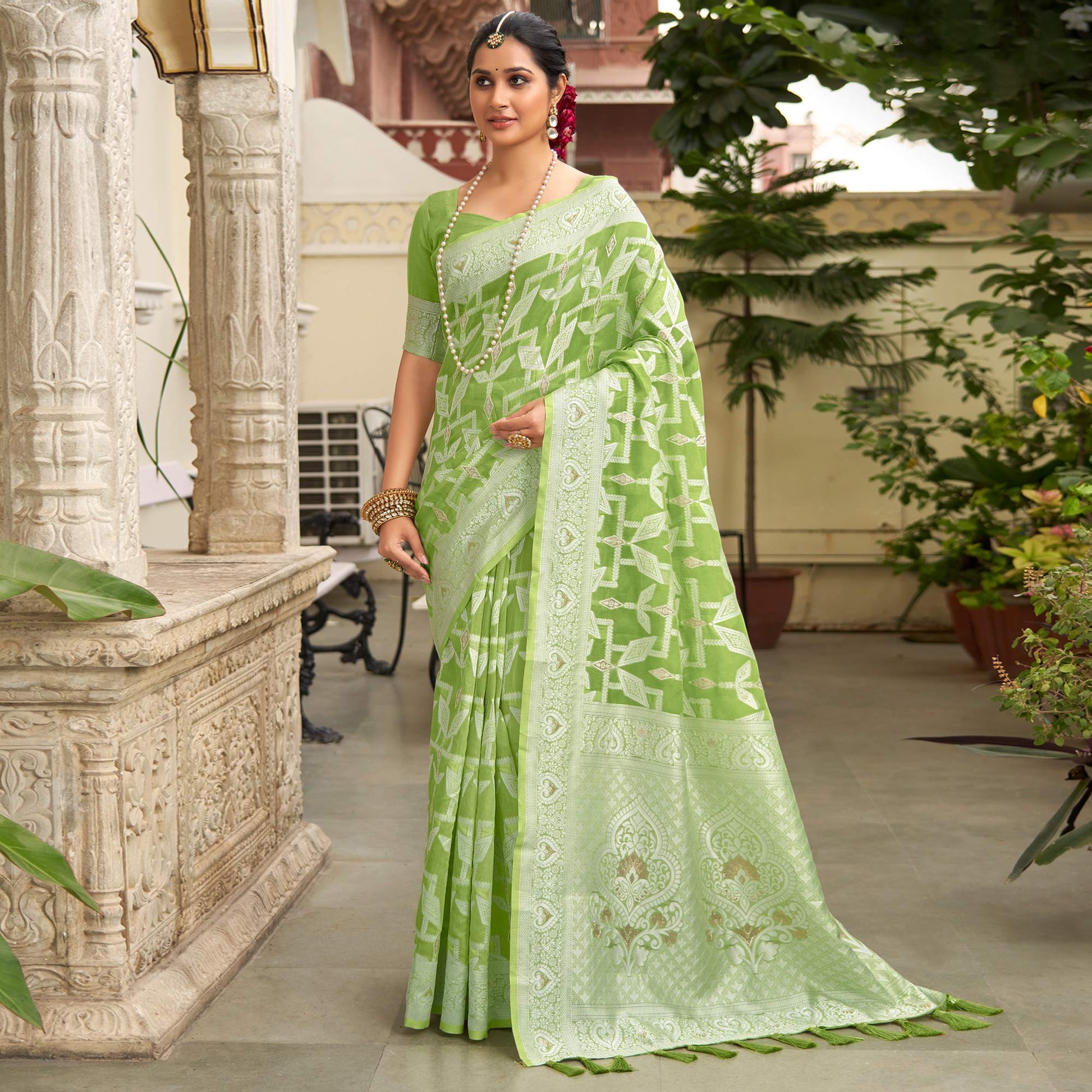 green-woven-cotton-silk-saree-with-tassels-15