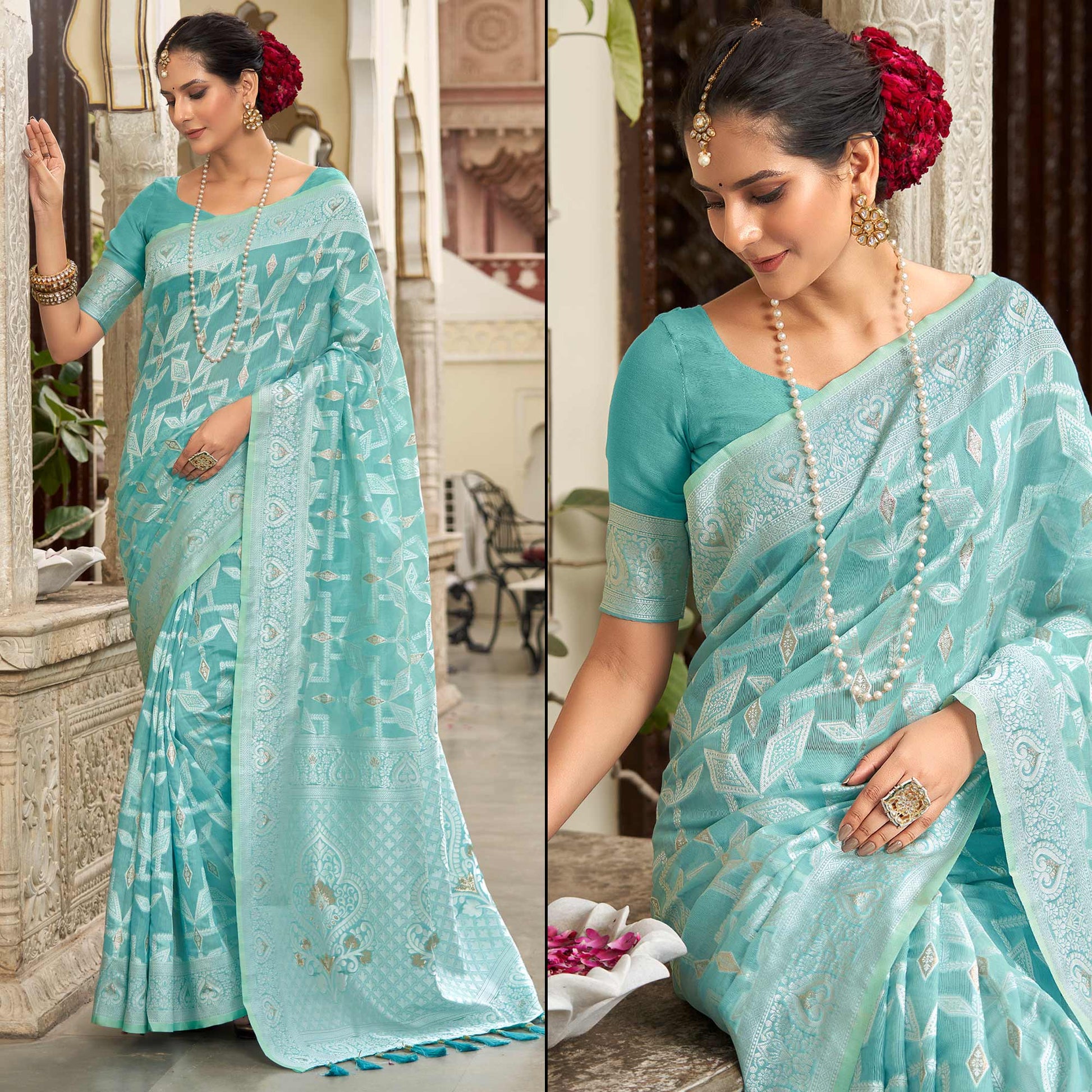 Blue Woven Cotton Silk Saree With Tassels