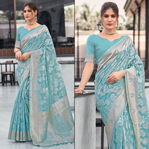 Blue Woven Cotton Silk Saree With Tassels
