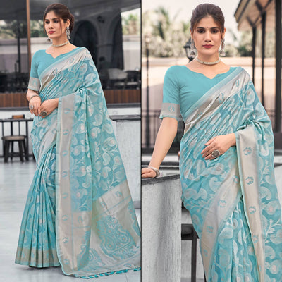 Blue Woven Cotton Silk Saree With Tassels