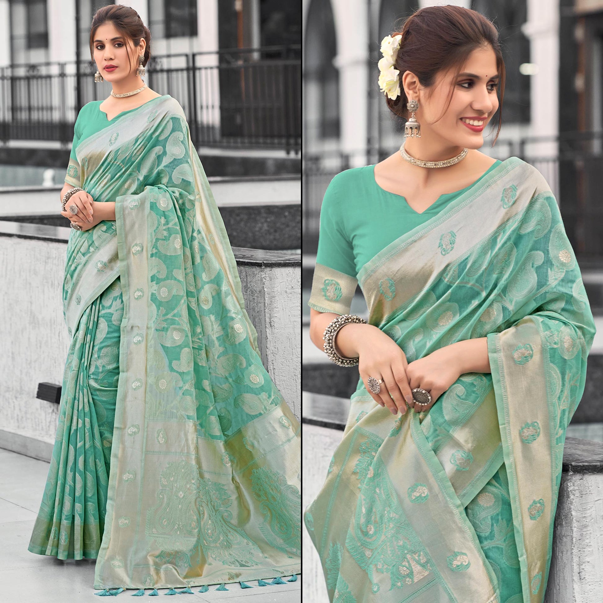 Light Rama Green Woven Cotton Silk Saree With Tassels