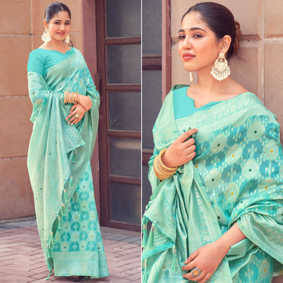 Blue Woven Cotton Silk Saree With Tassels