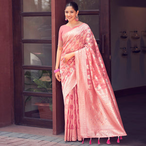 Gajari Pink Woven Cotton Silk Saree With Tassels