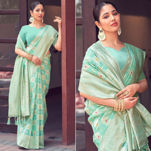 Light Rama Green Woven Cotton Silk Saree With Tassels